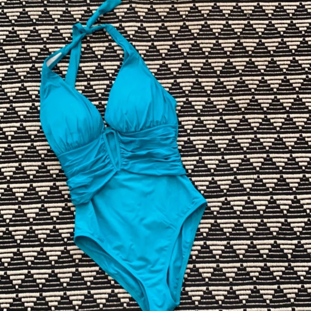 Bleu Rod Beattie ruched halter one-piece w cutout